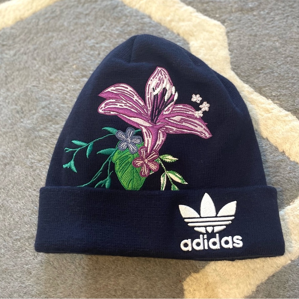 Adidas floral embroidered navy knit bra it hat